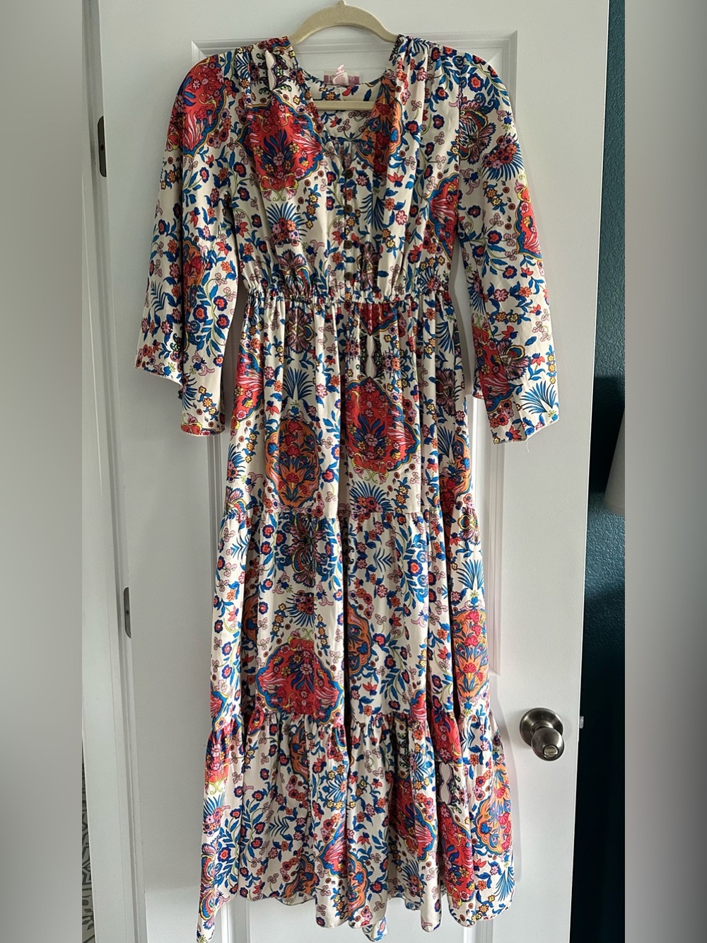 Boho Floral Tiered Maxi Dress in White with Pink & Blue by Boemo